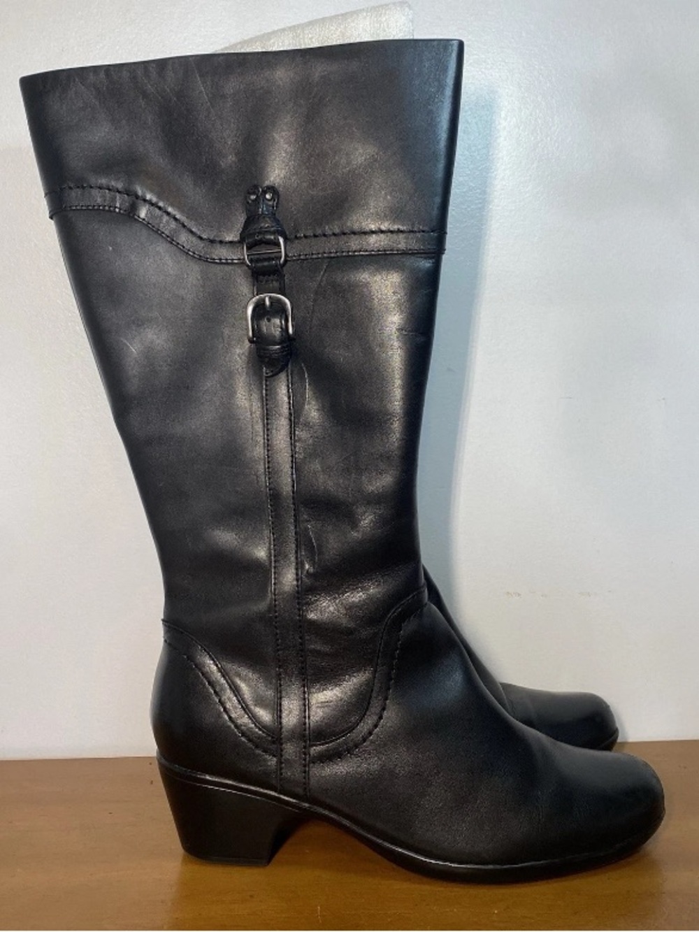 Clarks Women's 11W Wide Tall Black Leather Zip-Up Boots Heel Moto Riding Buckle